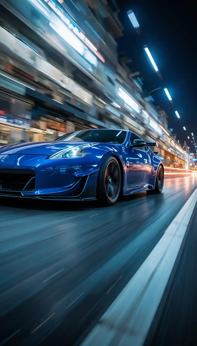 Blue sports car racing forward with motion focused wheels
