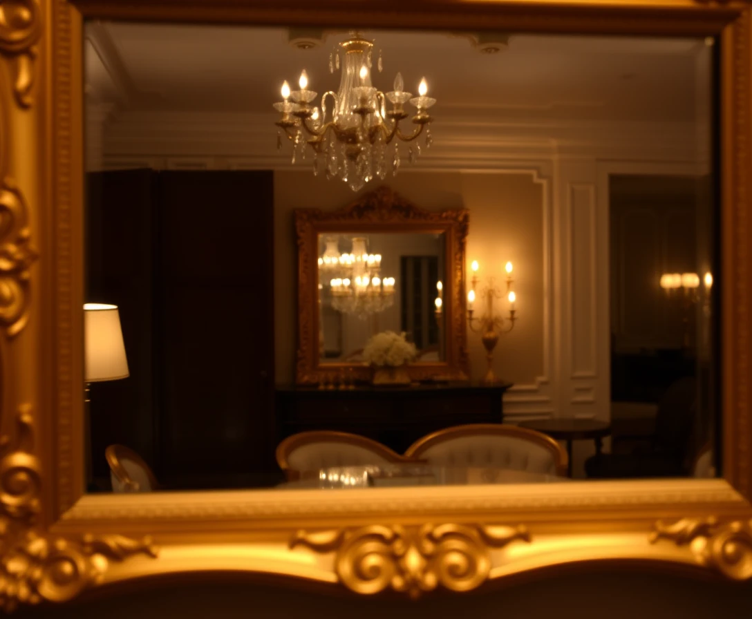 Miroir à cadre doré reflétant une pièce élégante à la lumière douce