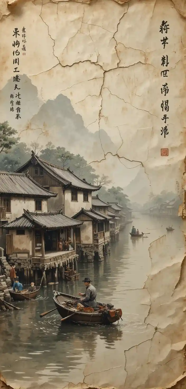 Vintage-Ölgemälde einer Bootsszene in einer Jiangnan-Wasserstadt