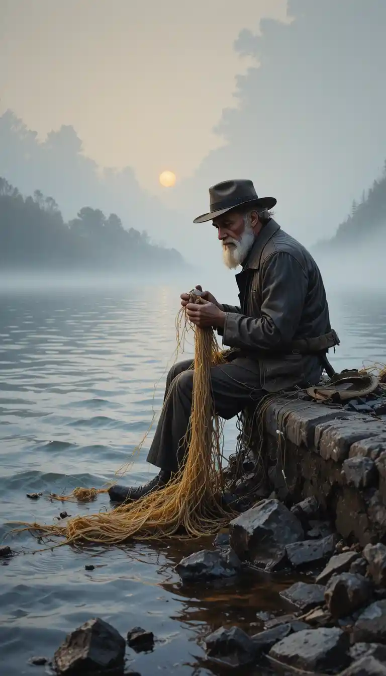 Pescador solitário consertando redes à beira de um lago enevoado ao amanhecer