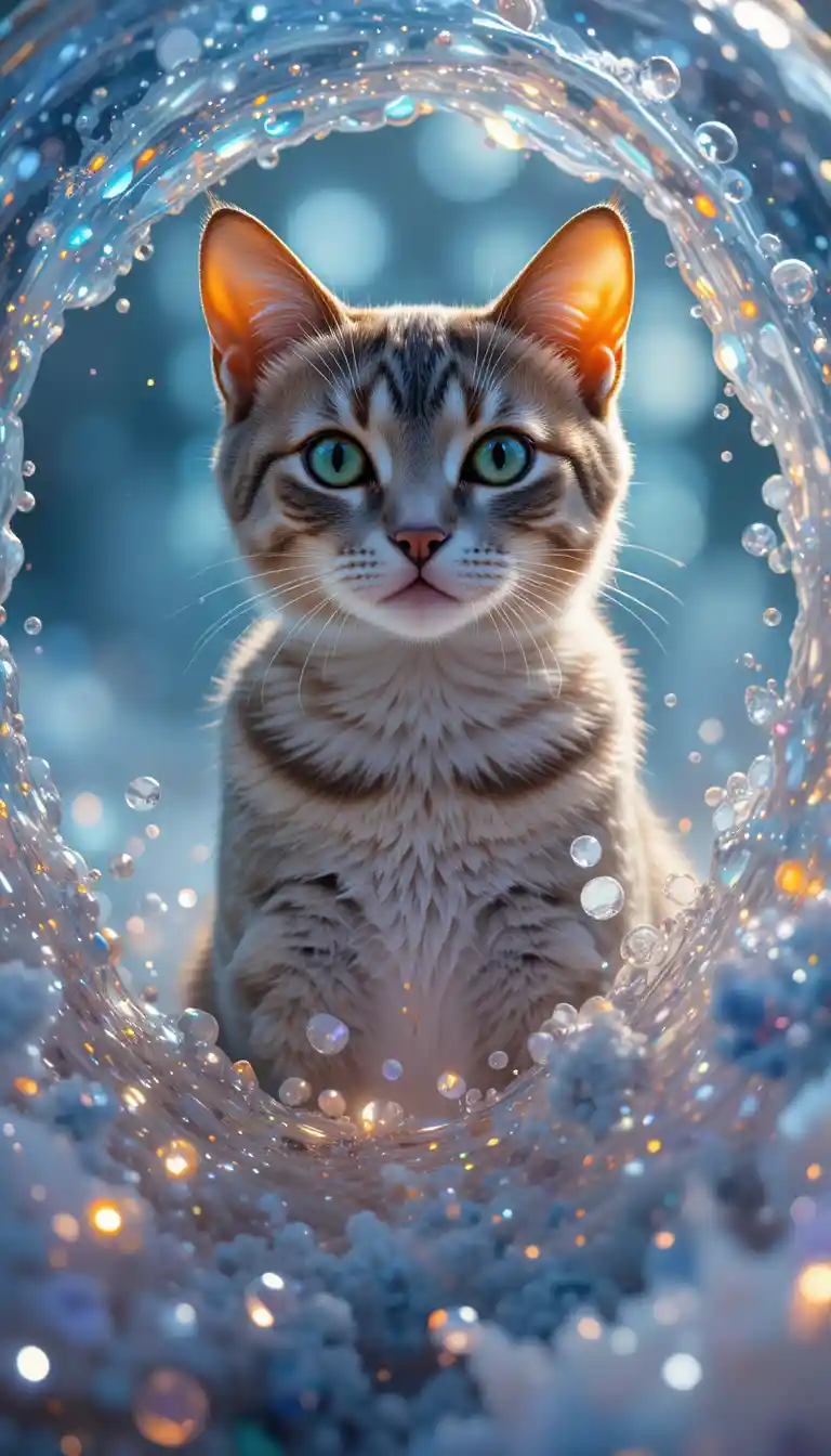 Gato elegante mergulhando por uma superfície cintilante de luz líquida