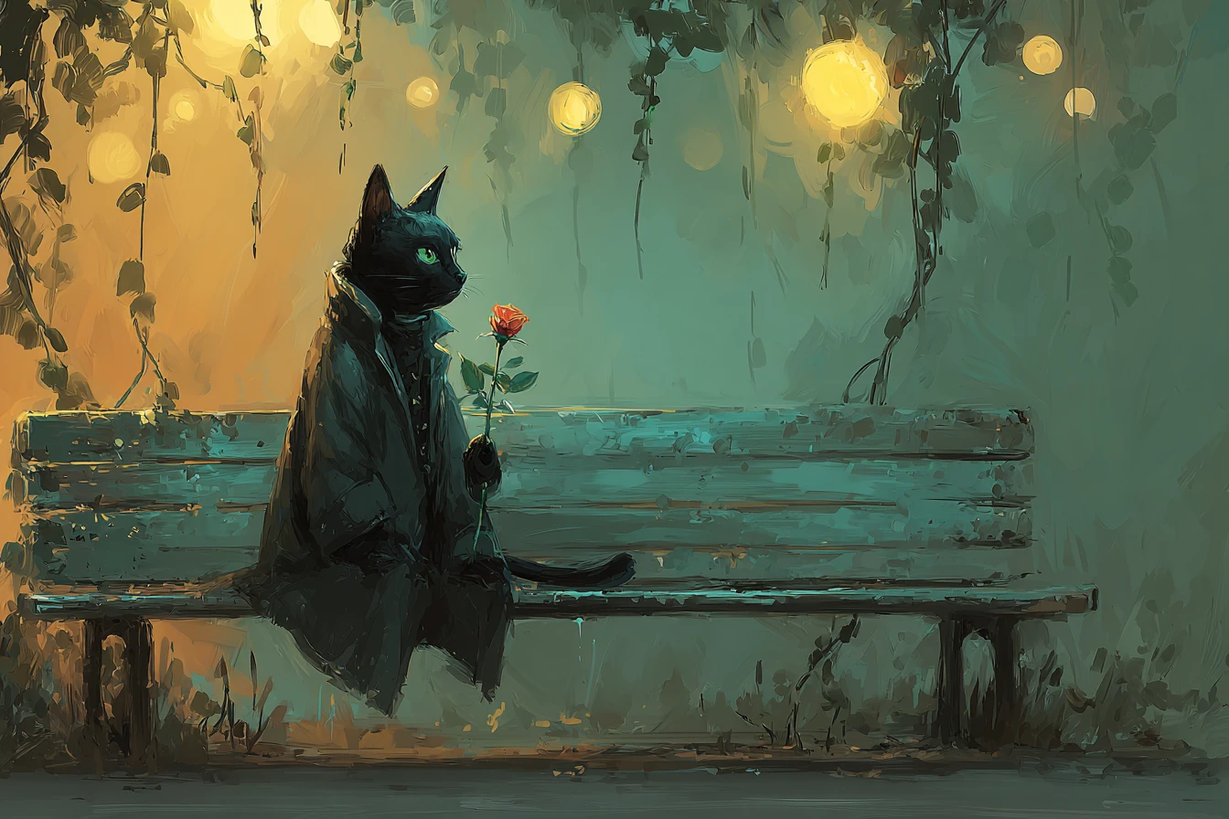 Chat noir sur un banc de parc tenant une seule rose