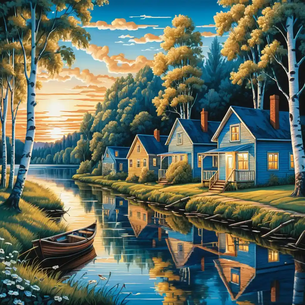 Rivière d’été paisible avec bouleaux et maisons de village