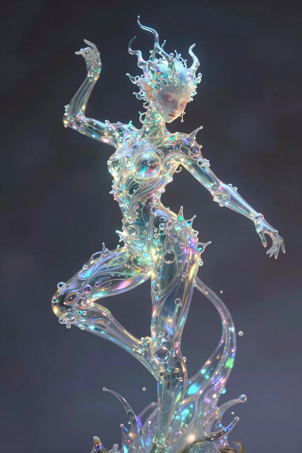 Otherworldly liquid glass creature glowing in surreal space