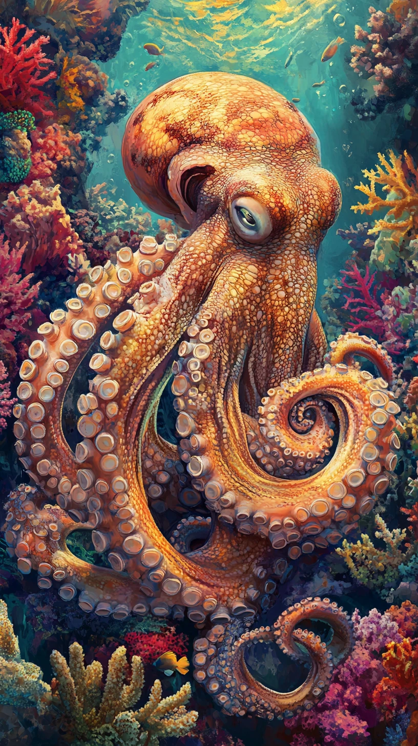 Octopus Resting In Sunlit Coral Reef At Golden Sunset Depth