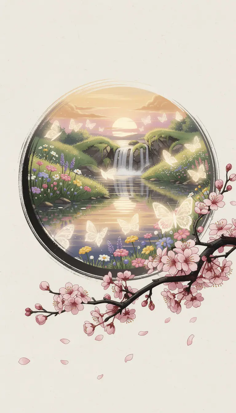 Fantastische Landschaft in kreisförmiger Zen-Tuschepinsel-Illustration