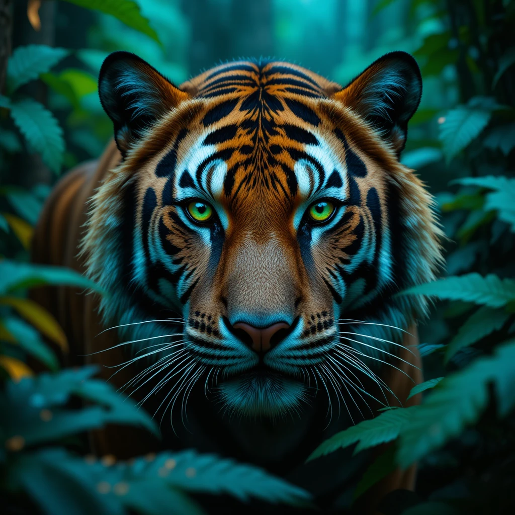 Portrait en gros plan d’un tigre du Bengale dans une jungle tropicale luxuriante