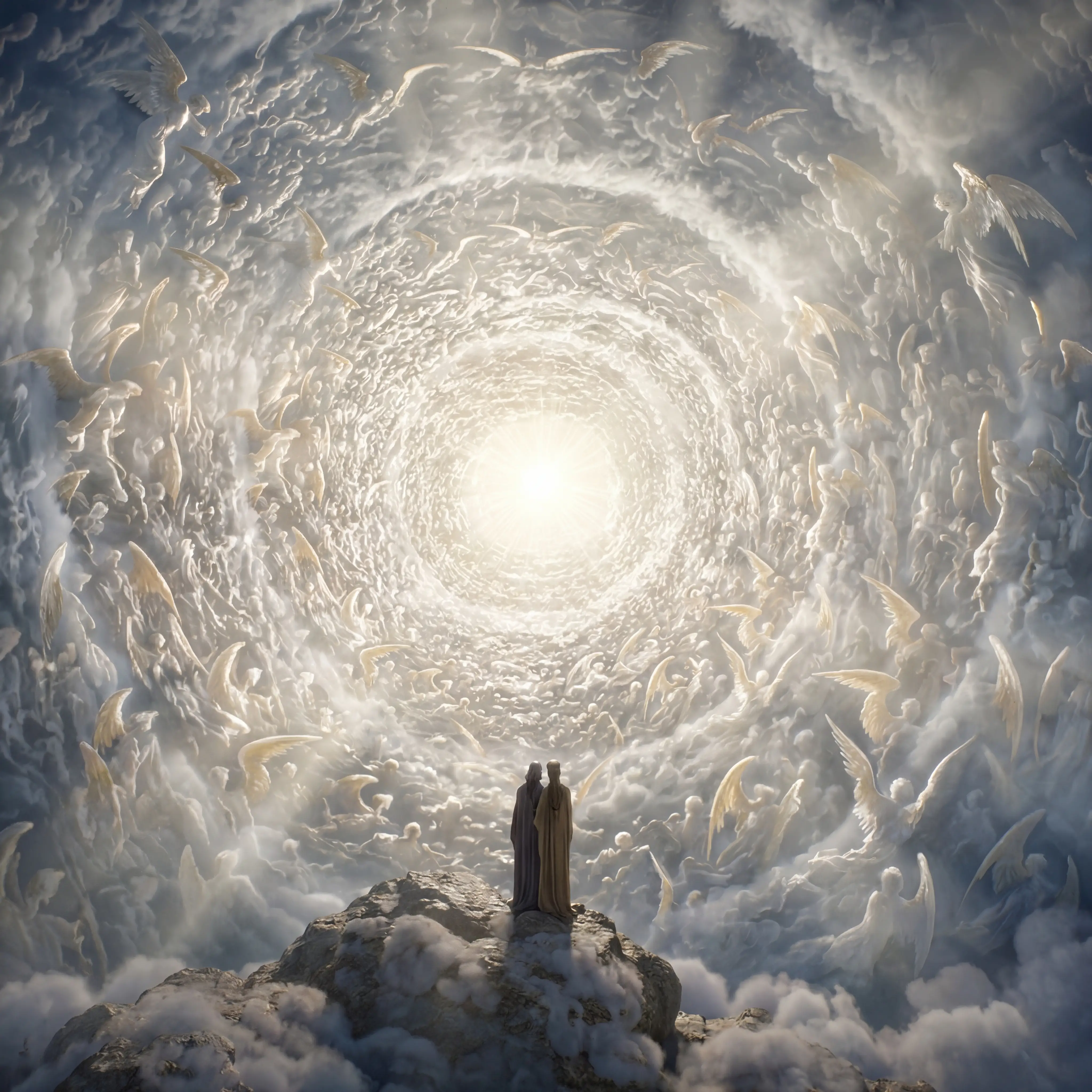 Dante and Beatrice Facing a Vast Celestial Angel Vortex