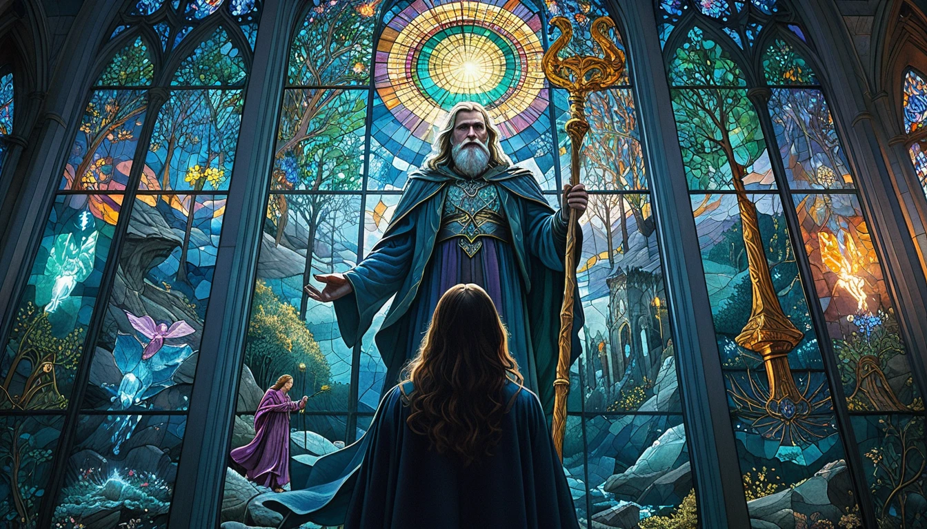 Jeune sorcier contemplant le mythique vitrail de Merlin