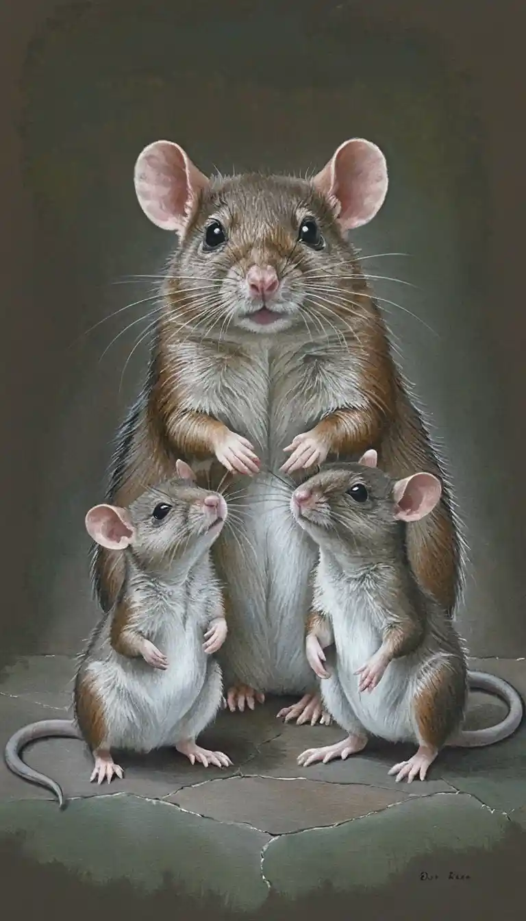 Tendre portrait de famille de rats dans un style naturaliste doux
