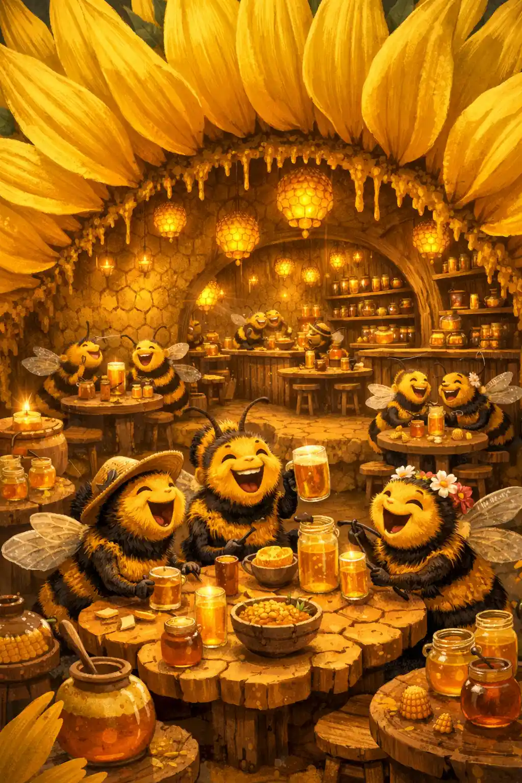 Cafetería de girasol gigante llena de abejas felices y dulces de miel