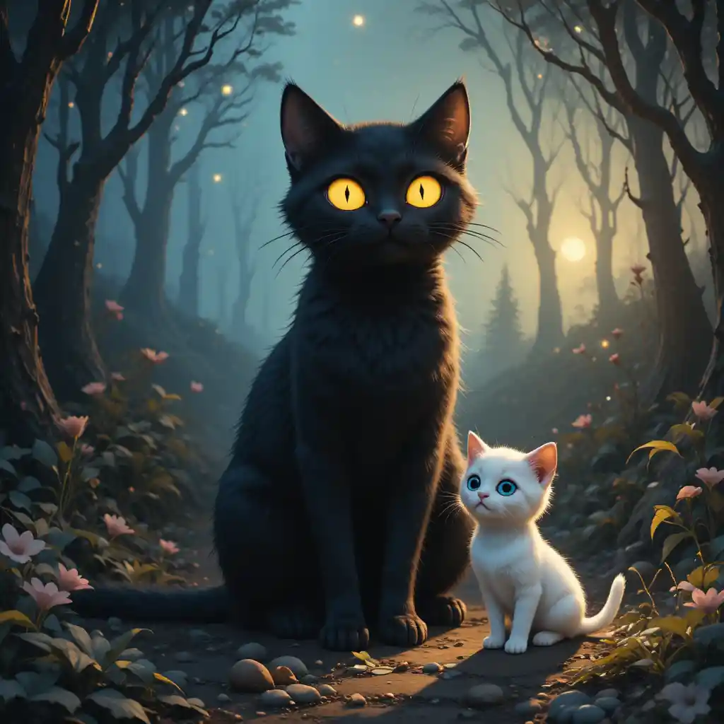 Petit chaton blanc marchant vers une forêt magique lumineuse