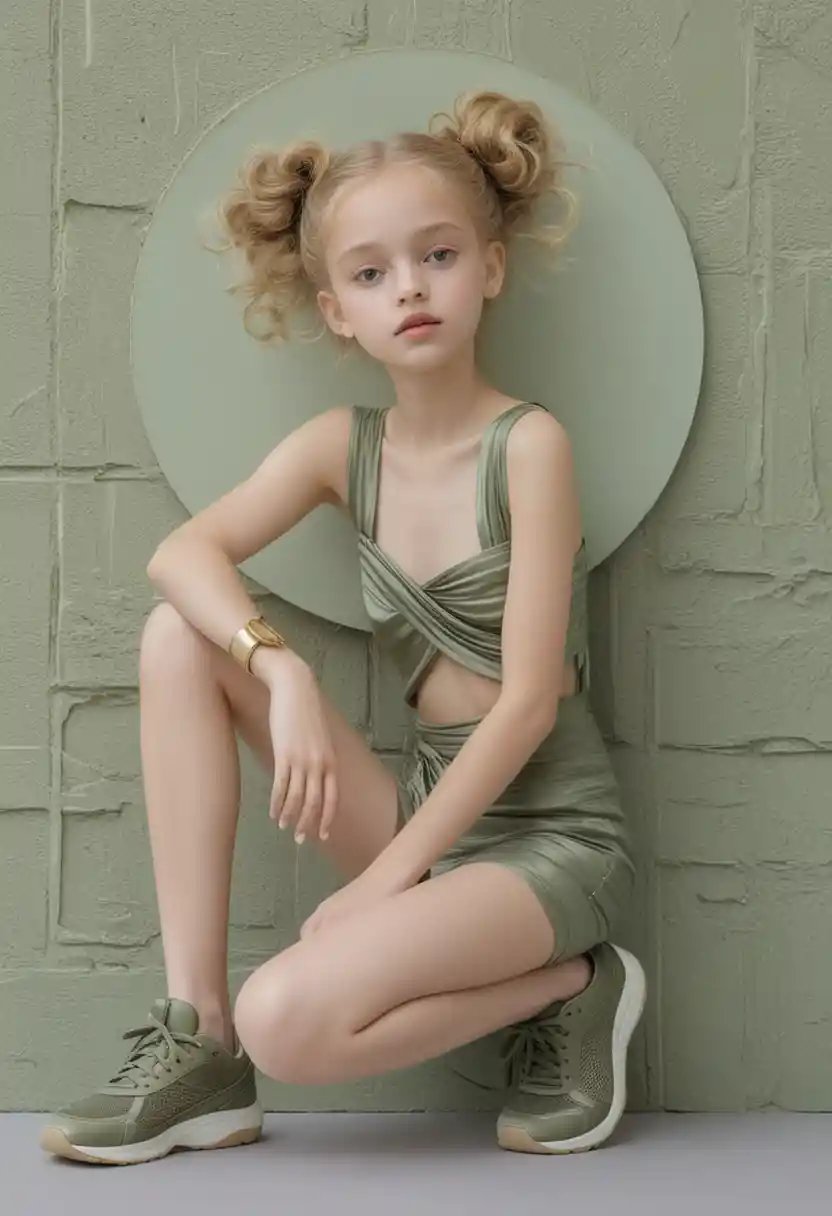 Androgynous girl with golden halo in relaxed seated pose