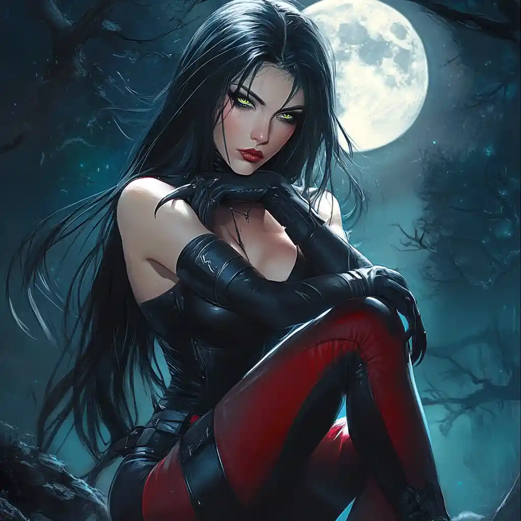Alien warrior woman under a gothic moonlit sky