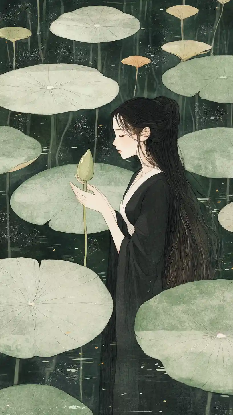 Young woman in black by lily pads in tranquil pond