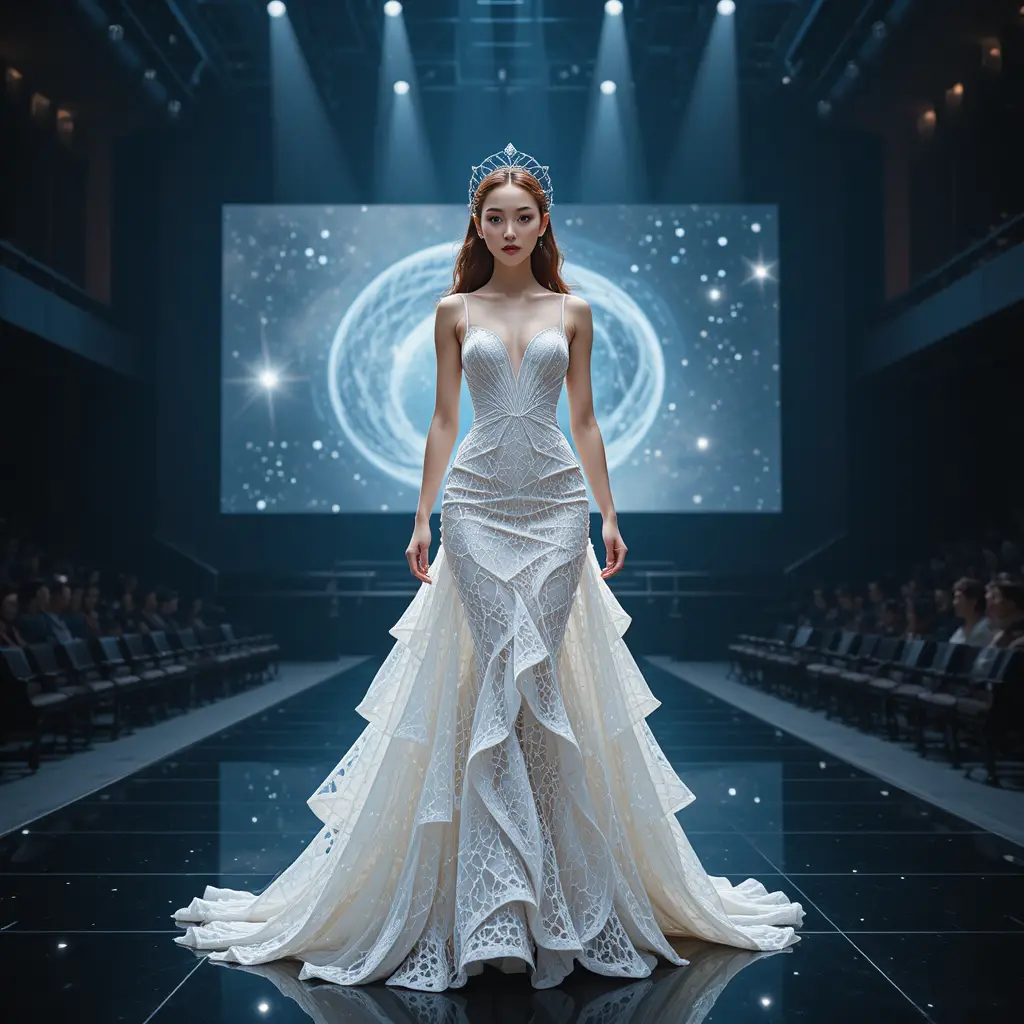 Rainha de beleza coreana em um vestido de razão áurea matemática