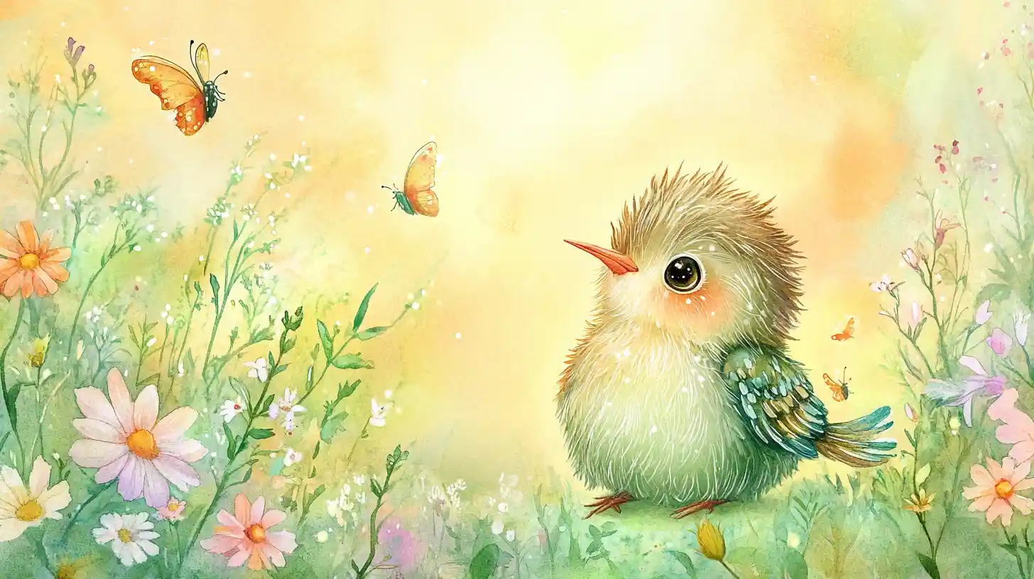 Cute Baby Hummingbird In A Sunny Watercolor Meadow