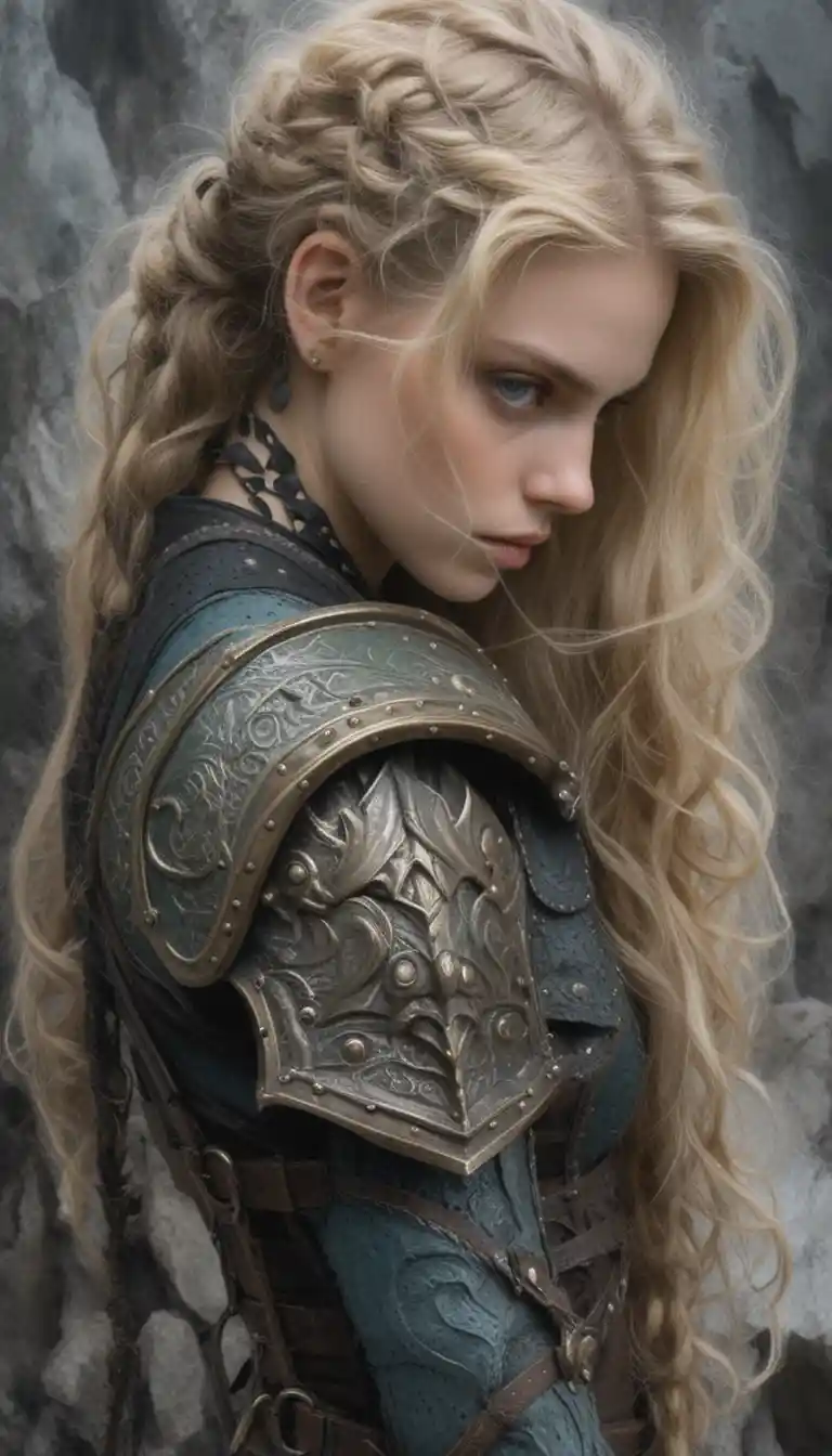 Guerrière viking blonde avec bouclier et hache prête au combat