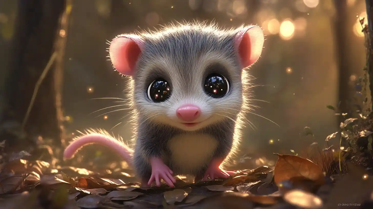 Cute chibi baby opossum exploring leafy twilight forest