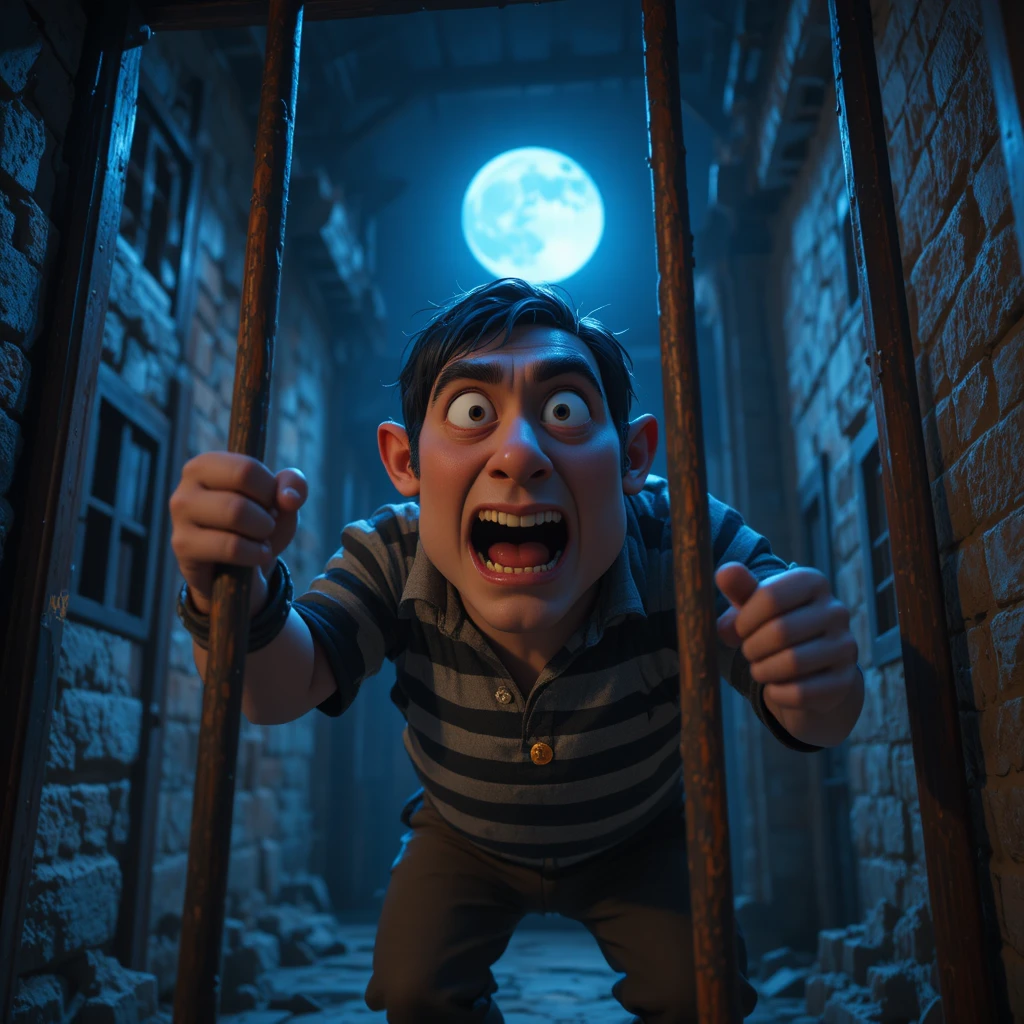 Cartoon thief escaping an old Indian jail at night