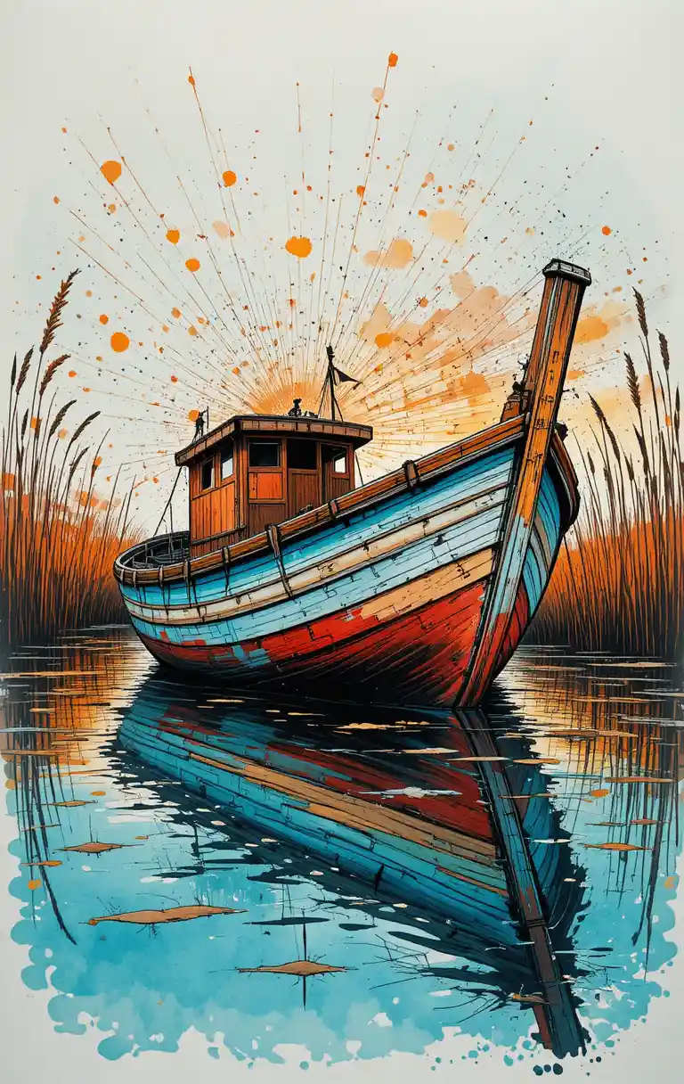 Arte linear expressiva de um velho barco de pesca na água
