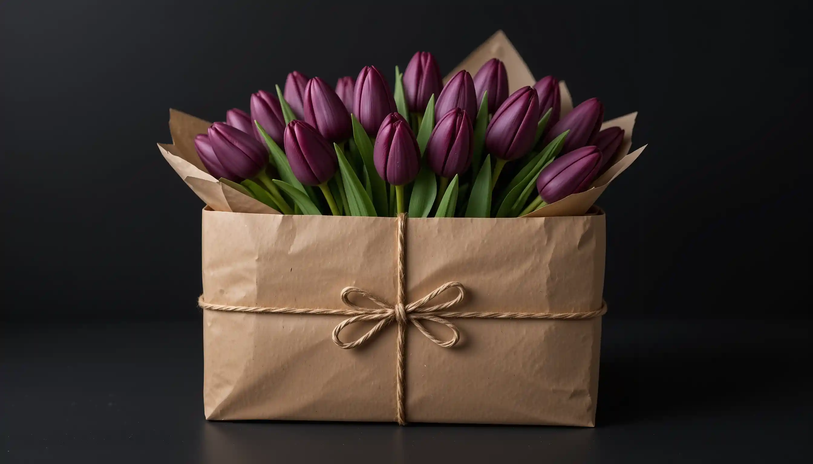 Purple tulips wrapped in kraft paper against black background