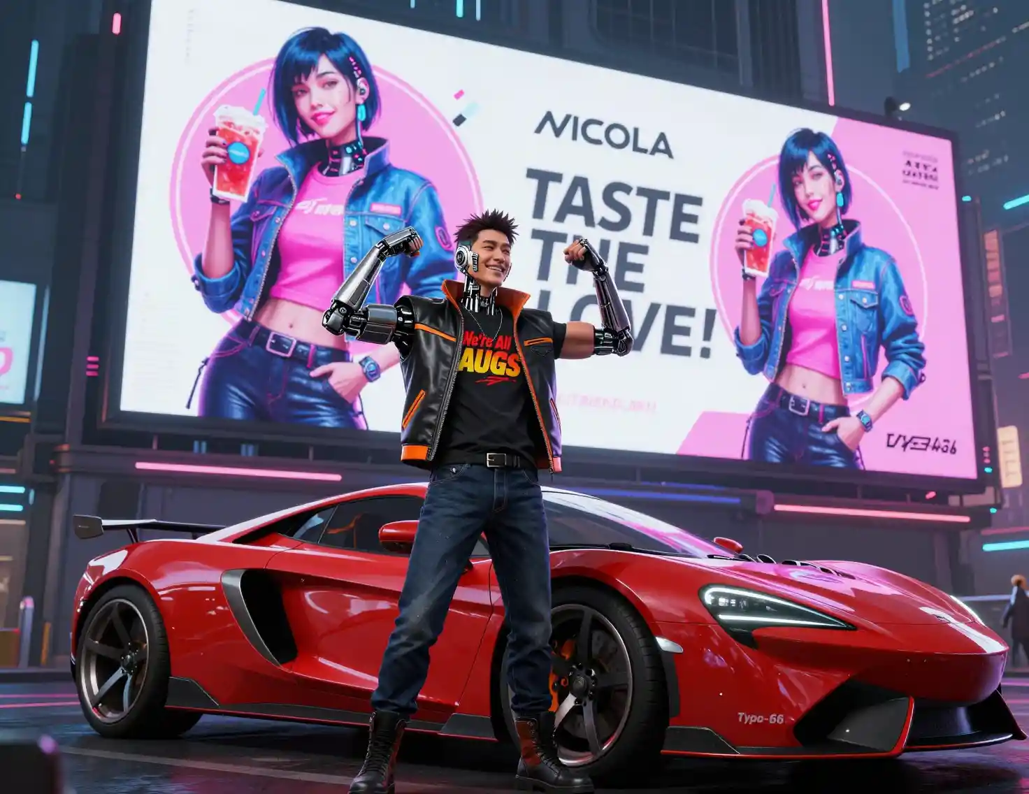 Cyberpunk-Mann posiert neben rotem Sportwagen bei Nacht