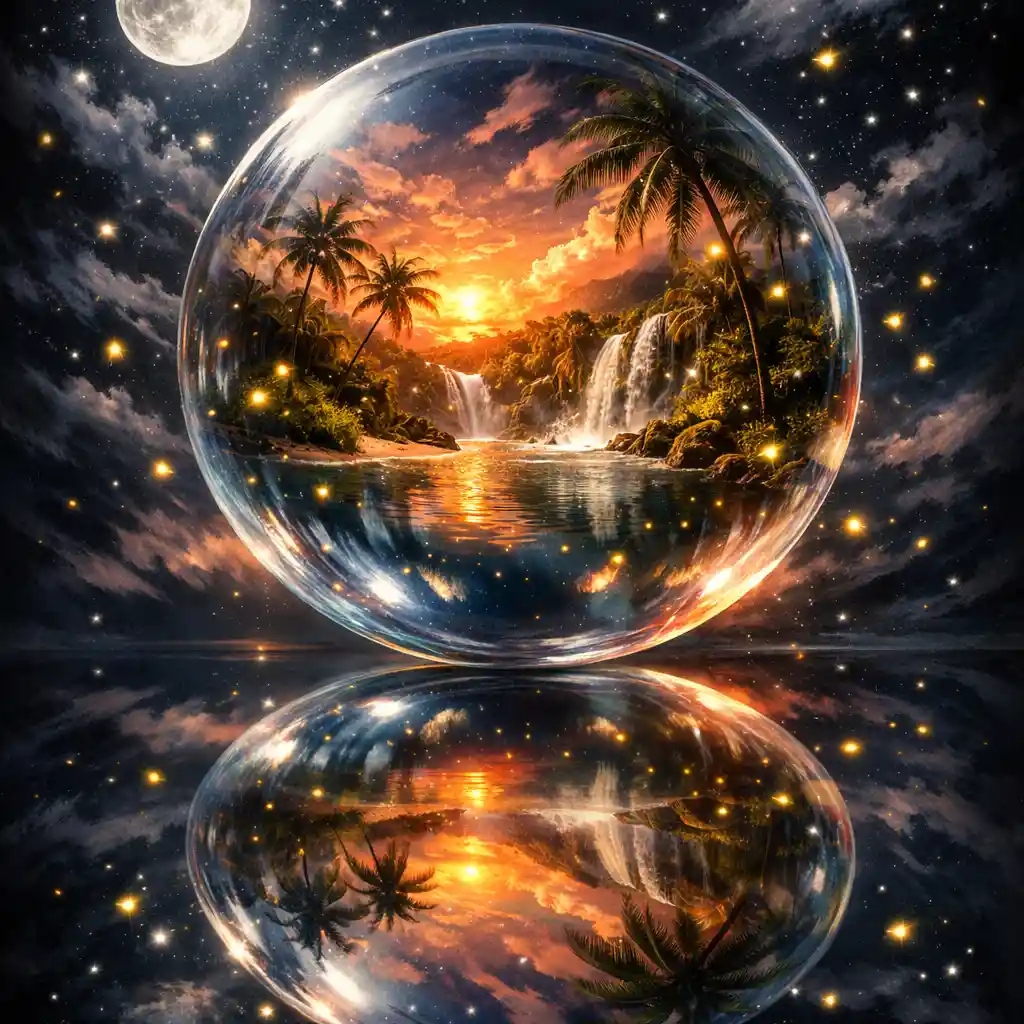 Glowing Glass Sphere Framing A Tropical Lagoon Paradise