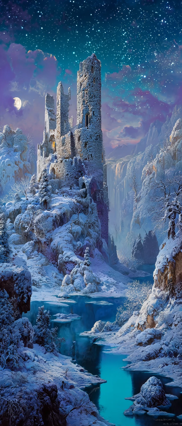 Castelo em Ruínas ao Luar Sobre um Lago Gelado de Fantasia