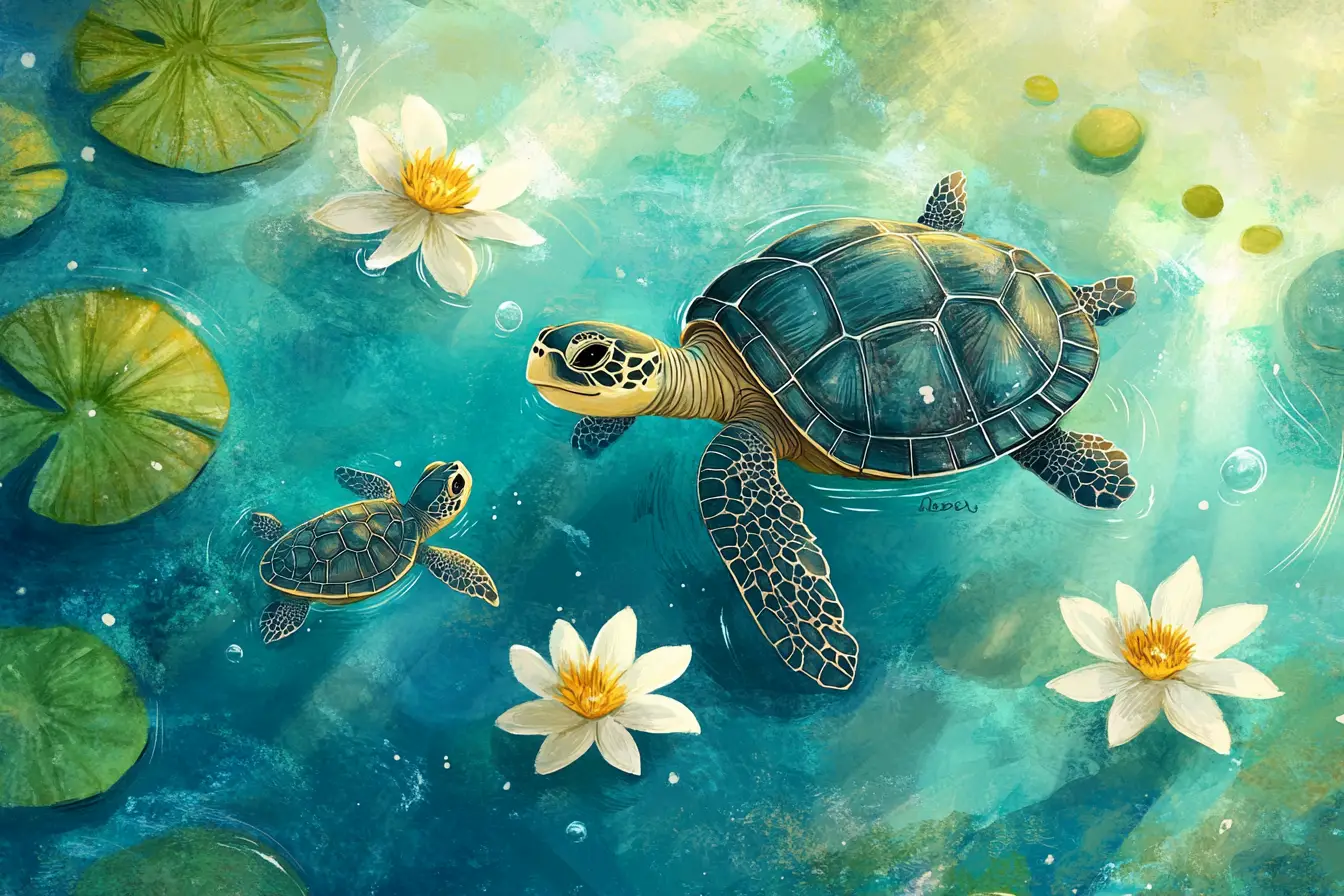 Illustration ludique d’une tortue de mer mère nageant avec son bébé