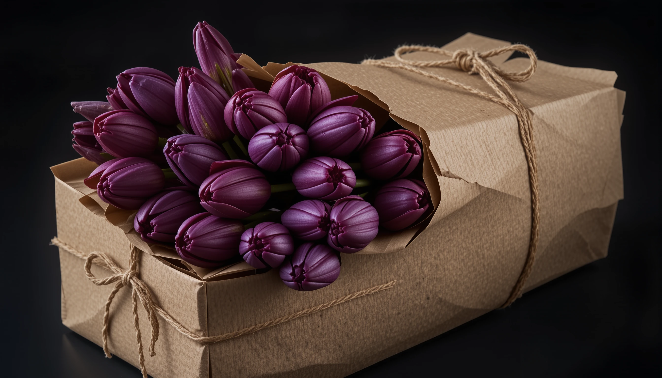 Lila Tulpen in Kraftpapier vor schwarzem Hintergrund