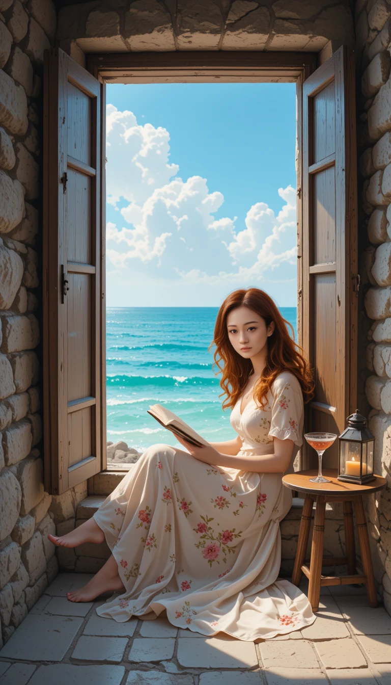 Femme lisant près d’une fenêtre ensoleillée avec vue sur la mer