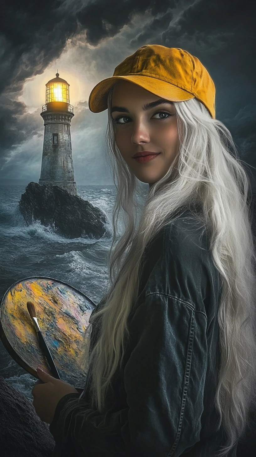 Smiling young artist with white hair holding brush and palette