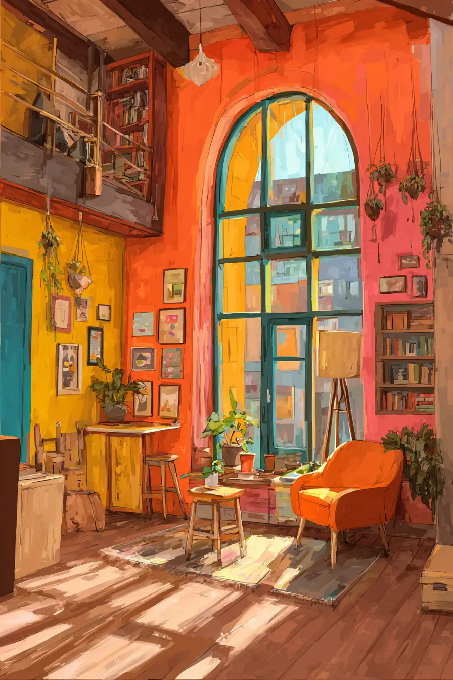 Interior de sótão aconchegante em arte folk com grande janela luminosa