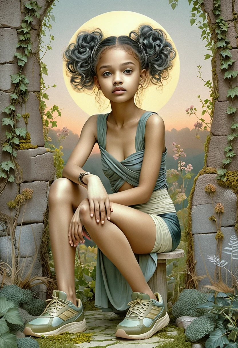 Ethereal young girl with halo against art nouveau wall
