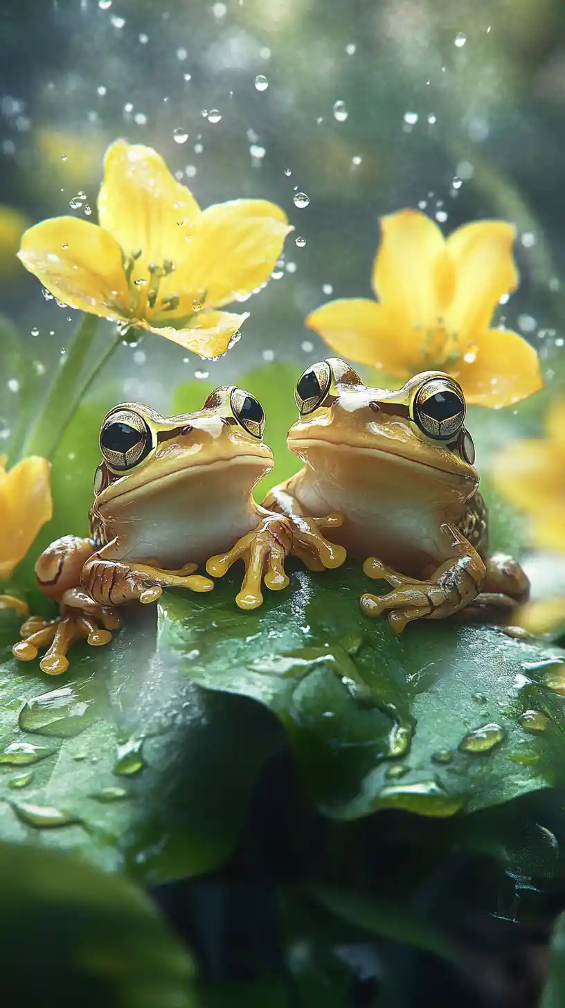Dois sapos fofos em folhas entre bluebells amarelas na chuva