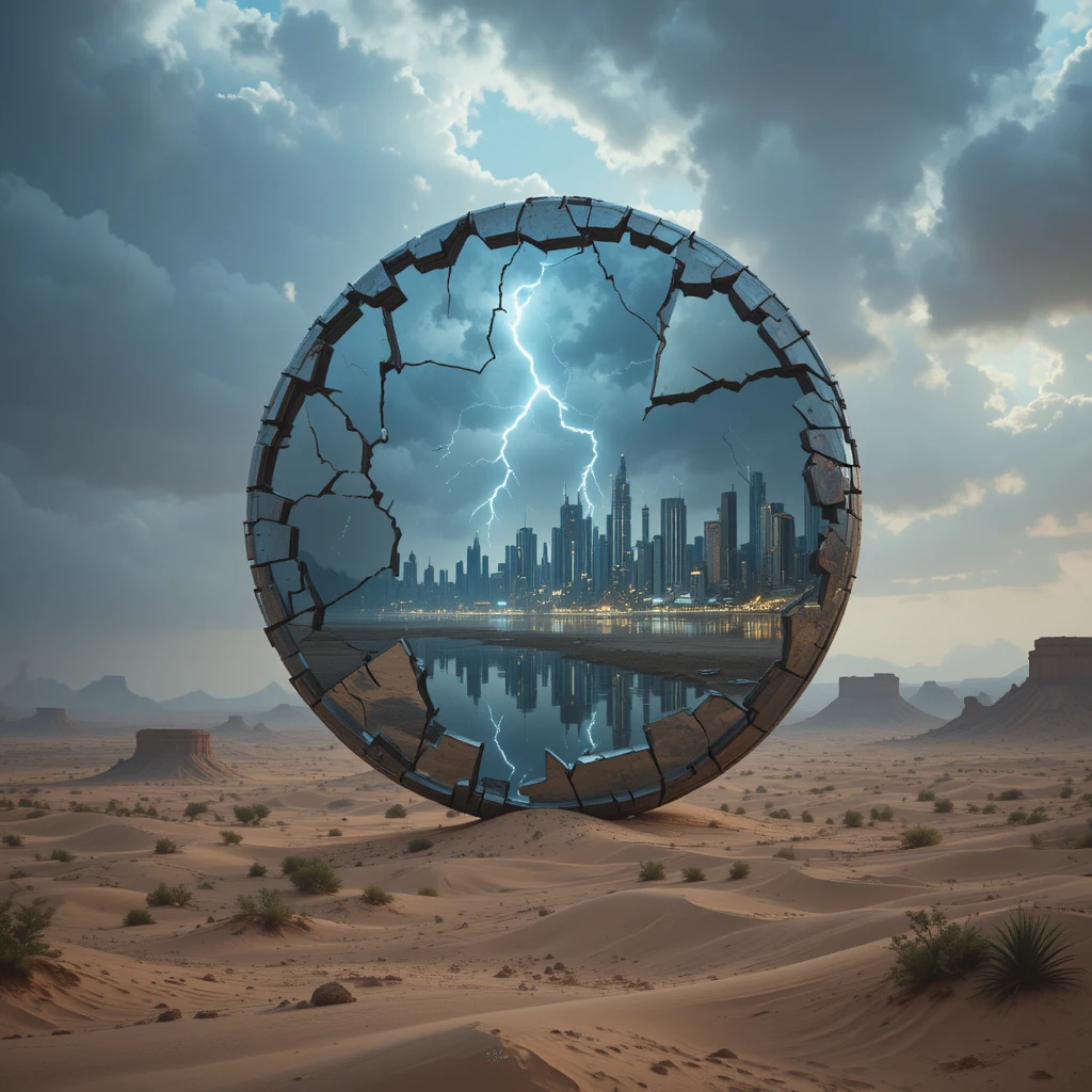 Espelho Gigante Flutuante no Deserto Refletindo Paisagem Urbana Futurista