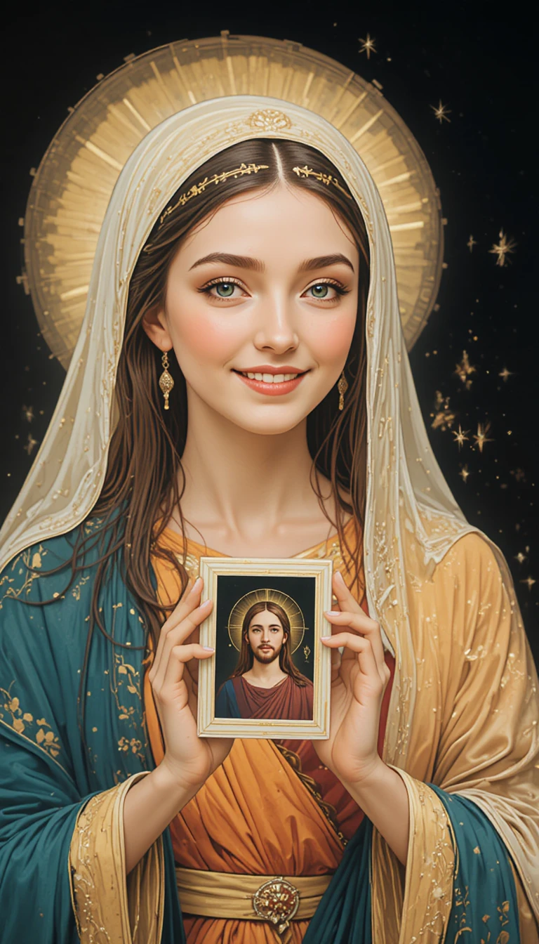 Nonne joyeuse tenant une image encadrée de Jésus-Christ