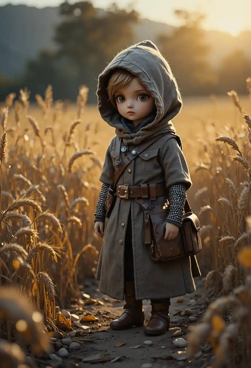 Pequena boneca viajante com capa em um campo de trigo banhado pelo sol