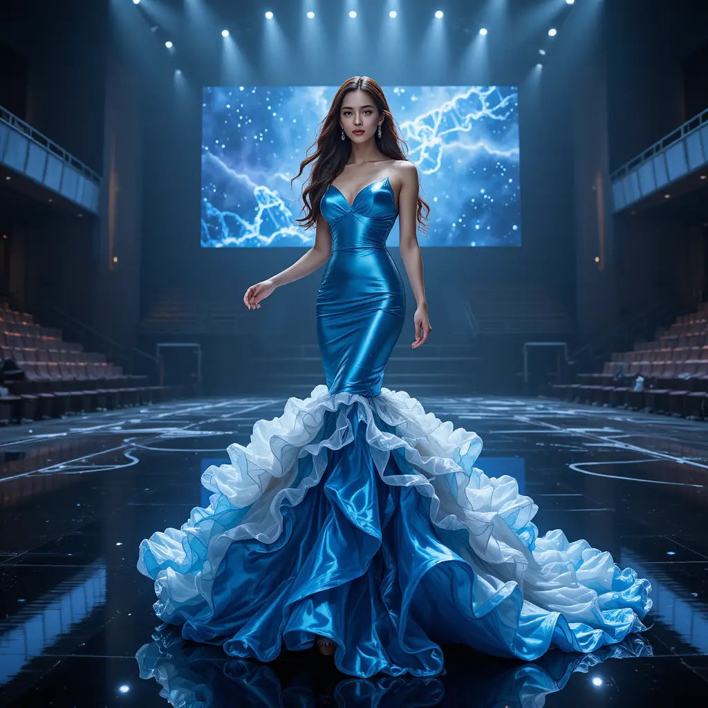 Candidata coreana de concurso de beleza em vestido azul de metal líquido