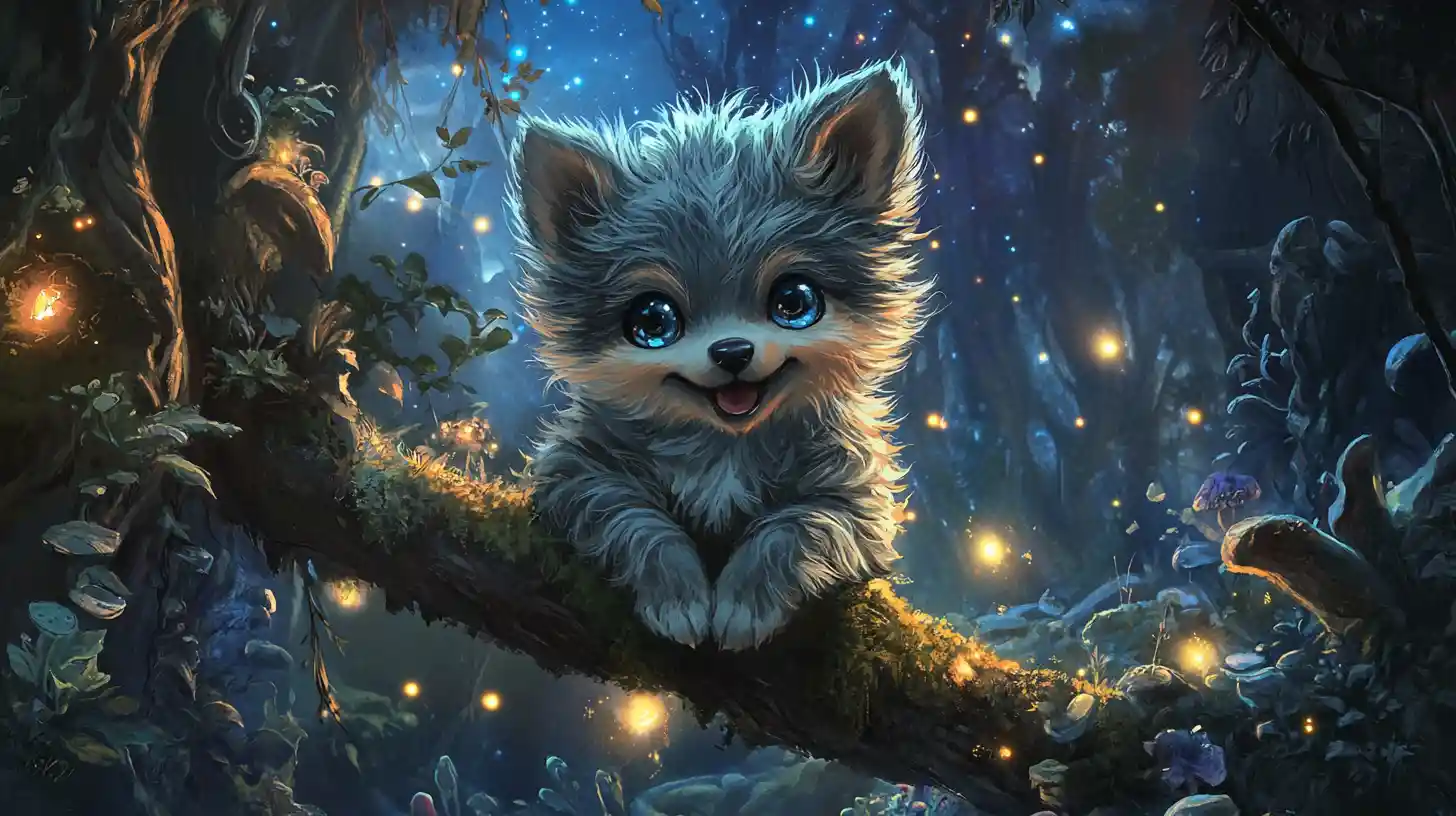 Cute baby wolf on glowing branch in enchanted forest