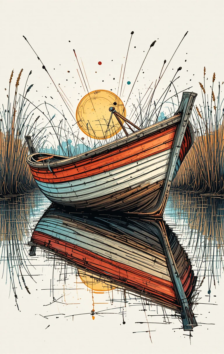 Arte linear expressiva de um velho barco de pesca na água do pantanal