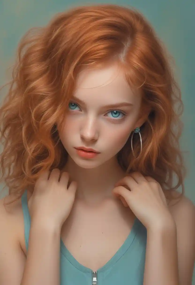 Red haired young woman portrait against blue textured wall