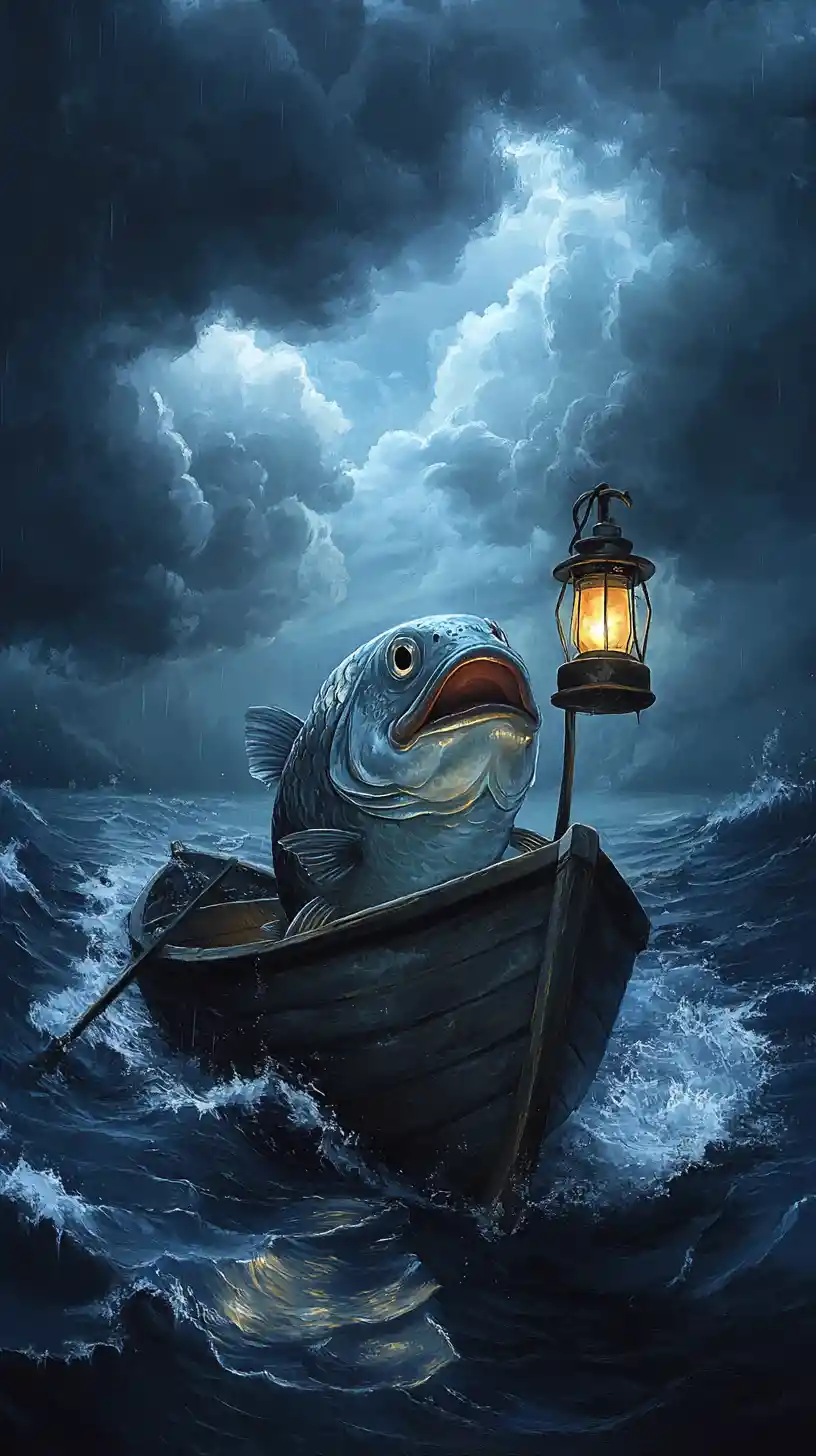 Poisson souriant avec lampe à huile dans une petite barque en mer
