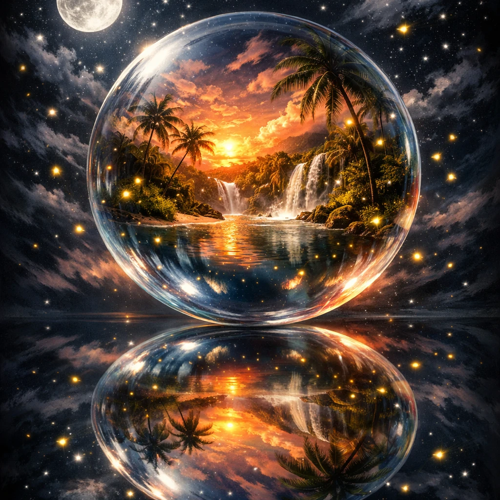 Glowing Glass Sphere Framing A Tropical Lagoon Paradise
