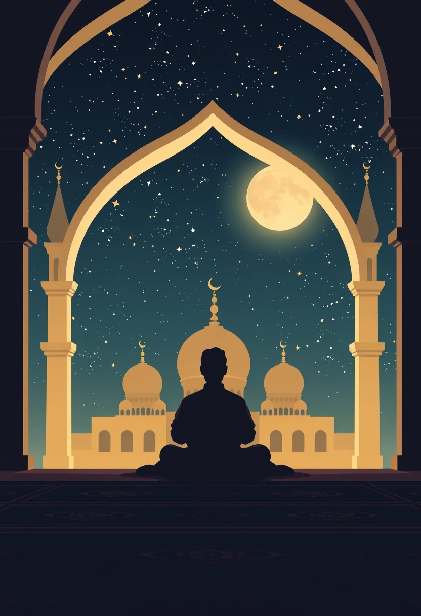 Figura contemplativa sob o céu noturno de mesquita iluminado pela lua
