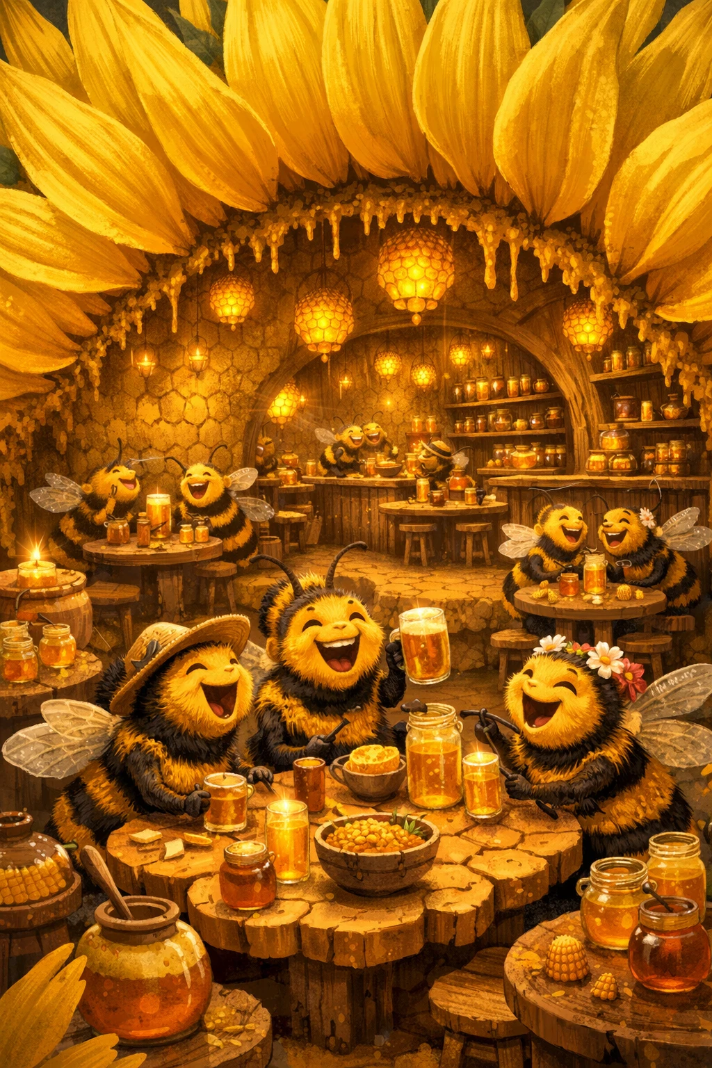 Cafetería de girasol gigante llena de abejas felices y dulces de miel