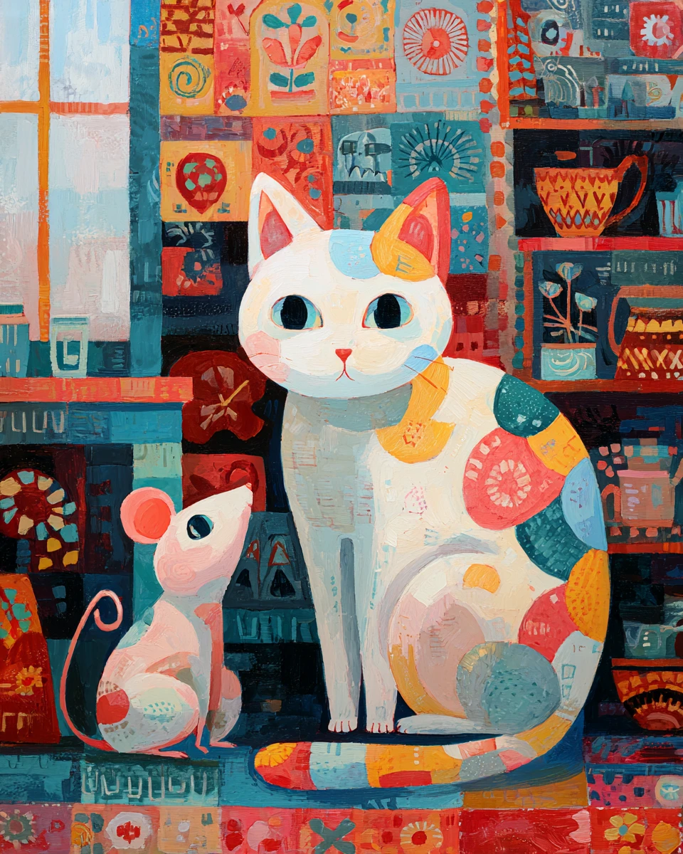 Adorable chat et souris dans un appartement folk art douillet