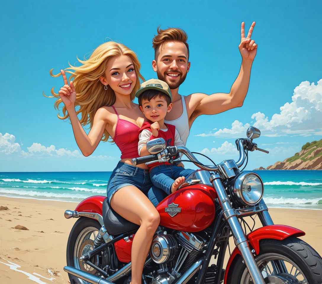 Família em motocicleta vermelha parada em praia ensolarada