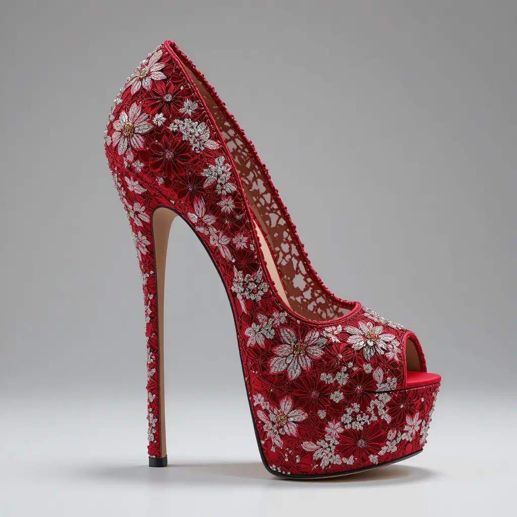 Rote Peeptoe-Stilettos aus Spitze mit juwelenbesetzten Blumendetails